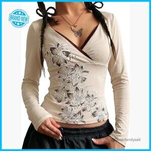 Y2K Grunge Floral V-Neck Crop Top Long Sleeve Tee Retro Gothic Style